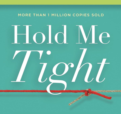 Hold Me Tight 7 conversations for a lifetime of love book cover in teal with a red yarn and a brown yarn tied in a knot under the letter h in tight
