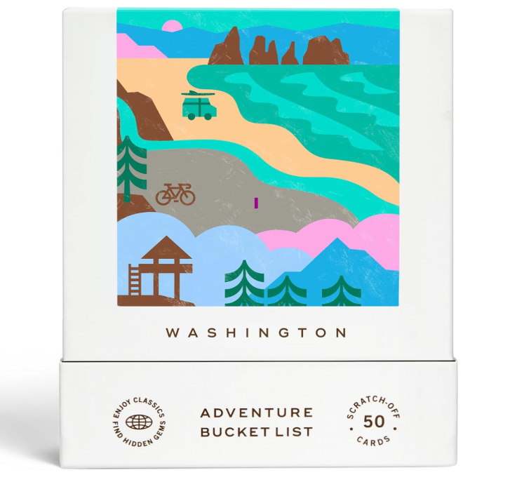Adventure cards box showing colorful water color inspired by Washington adventure cards